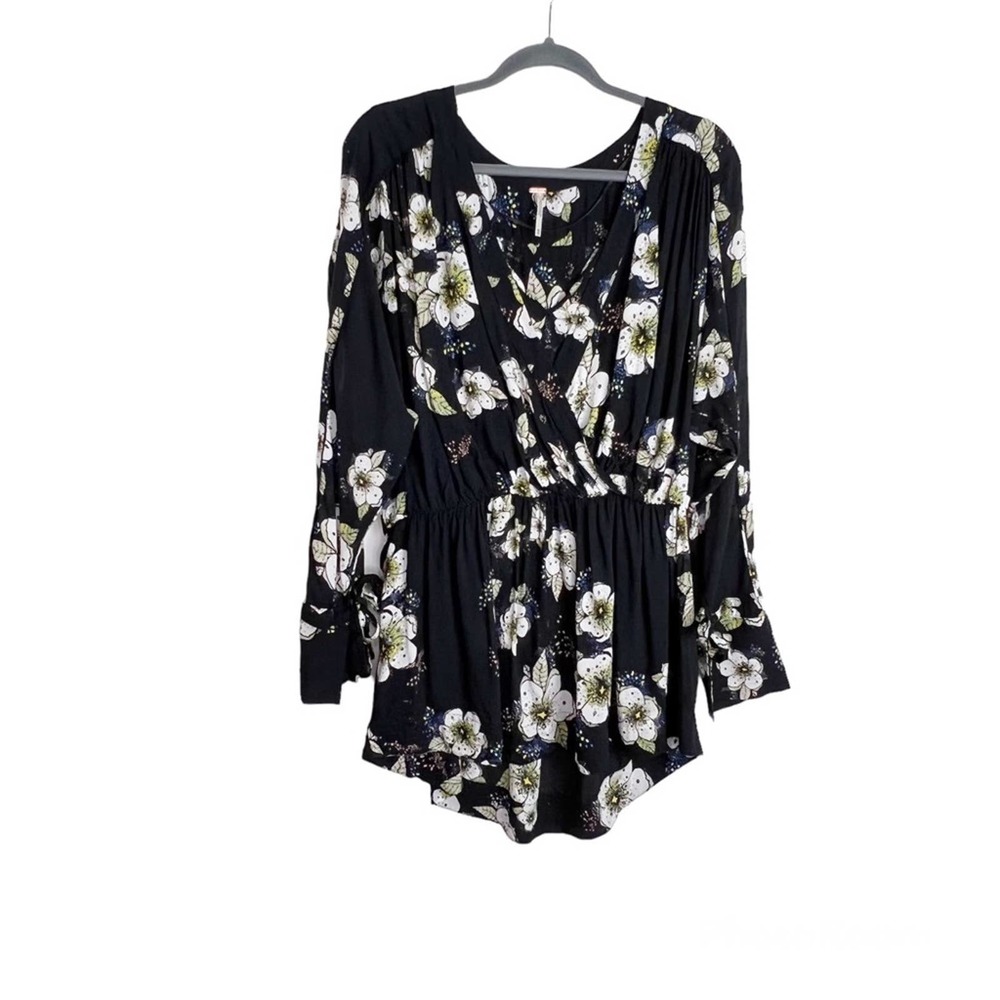 Free People Floral Surplice Tunic Top Large Black